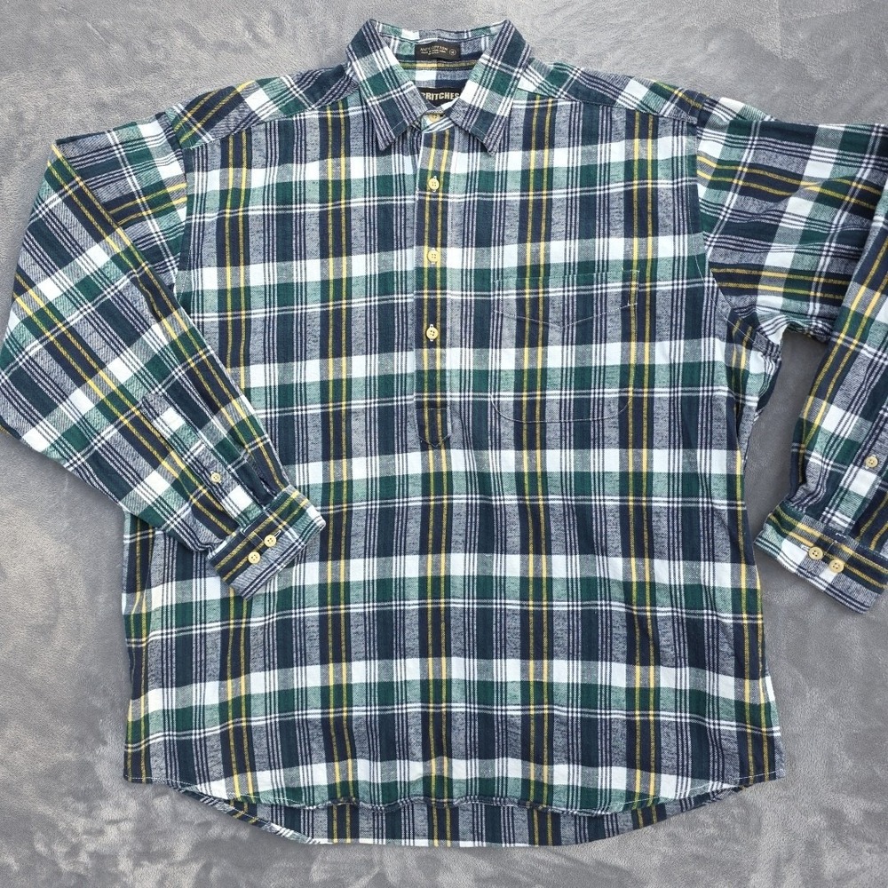 Britches 4 Button‎ Flannel Men's Size M Blue Green Chest Pocket 100% Cotton Made